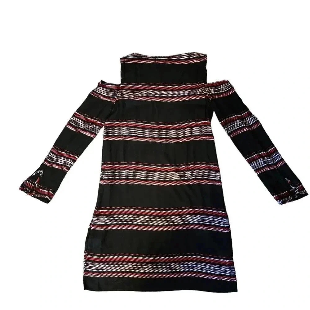 Anthropologie Bella Dahl Tunic Dress XS Black Red Striped Cold Shoulder Sleeve